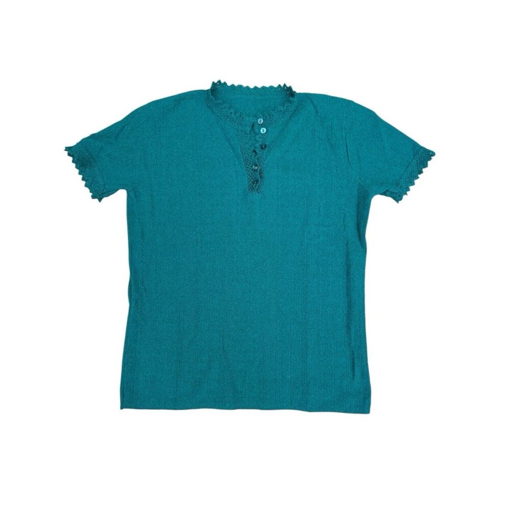 Vintage Hunter Green Crochet Lace Neck And Sleeves Sweater Short Sleeves Women M